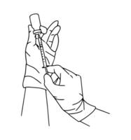 Hands in rubber gloves hold a syringe for injection. Vector illustration in line art style.