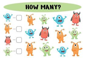 How many monsters. Mathematical game for preschoolers. Counting game for preschool children. Educational math game. Vector illustration