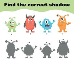 Find correct shadow of monsters. Educational game for children. Shadow matching game. .Vector illustration. vector