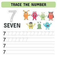 Trace the number. Tracing number with monsters. Educational children game, printable worksheet, vector illustration