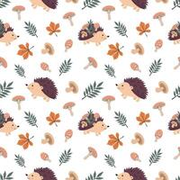 Seamless pattern with cute hedgehogs and mushrooms on a white background. Vector illustration