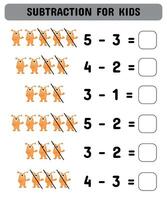 Subtraction game for kids with cute monsters. Matching game. Printable worksheet design. Learning math. vector