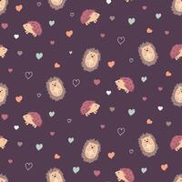 Seamless pattern with cute hedgehogs and hearts on a dark purple background. Childish repeated background with cartoon characters perfect for wallpaper, fabric, wrapping paper. n vector