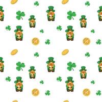 Seamless pattern for St. Patrick's Day with leprechauns, coins and clover on a white background. March 17. Vector illustration