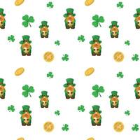 Seamless pattern for St. Patrick's Day with leprechauns, coins and clover on a white background. March 17. Vector illustration