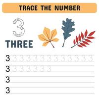 Number tracing worksheet for kids education. Learning numbers pages. Number three vector