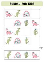 Sudoku for kids with cute dinosaurs. A logic game for preschoolers. Printable sheet. Vector illustration