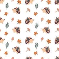 Autumn seamless pattern with cute hedgehogs, leaves and mushrooms on a white background. Childish background for fabric, wrapping paper, textile, wallpaper and apparel. Vector Illustration