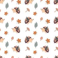 Autumn seamless pattern with cute hedgehogs, leaves and mushrooms on a white background. Childish background for fabric, wrapping paper, textile, wallpaper and apparel. Vector Illustration