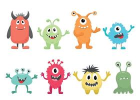 Set of cute colored monsters isolated on white background. Character design for kids. Vector illustration.