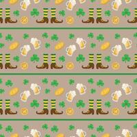 Seamless pattern with clover, coins and beer for St. Patrick's Day. Irish Festival. Vector illustration.