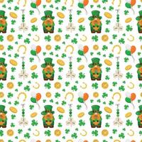 St. Patrick's Day seamless pattern with leprechauns, coins and clover, horseshoe, lucky symbol and Irish flag balloons on white background. Vector illustration