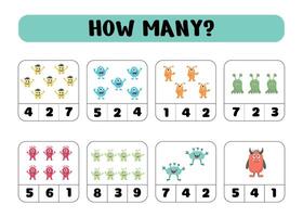 How many monsters. Mathematical game for preschoolers. Count and write. Vector illustration