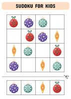 Sudoku game with Christmas tree toys for preschoolers. Activity page with pictures. Logic and educational game. Education developing worksheet.n vector