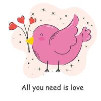 Postcard with an inscription about love. Bird with hearts. Valentine's Day. Vector illustration with elements on a white background.