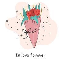 Postcard with an inscription about love. Flowers bouquet. Valentine's Day. Vector illustration with elements on a white background.