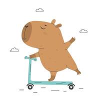 Cute capybara riding kick scooter vector