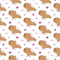 Seamless pattern with funny cupid capybara vector