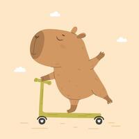 Cute capybara riding kick scooter vector