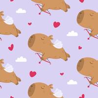Seamless pattern with funny cupid capybara vector