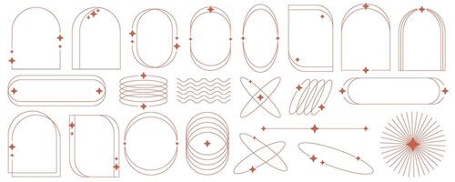 Aesthetic frame shape. Outline minimal graphic elements with stars. Abstract boho arches with sparkles. Trendy geometric templates set for poster and story. Vector illustration