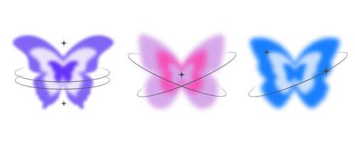 Y2k blurred butterfly. Gradient sticker element. Aesthetic groovy soft figure with glow. Aura trendy effect with orbits and sparkles on white background vector