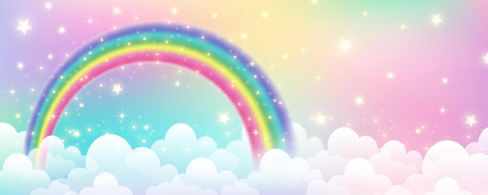 Holographic fantasy rainbow unicorn background with clouds. Pastel color sky. Magical landscape, abstract fabulous pattern. Cute candy wallpaper. Vector.