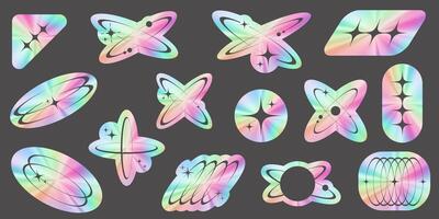 Y2k holographic stickers set. Retro gradient foil shapes and futuristic labels. 2000s rave neon collection. Textured graphic space badges. Vector. vector