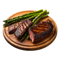 AI generated Grilled beef ribs with asparagus on a wooden plate isolated png