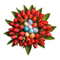 ai generado vistoso Pascua de Resurrección huevos y rojo tulipanes arreglado juntos como un festivo ramo de flores aislado png