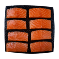 AI generated Segments of smoked salmon separated on a transparent background cut out filaments from prepared fish fillet isolated png