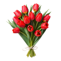 ai generado vistoso Pascua de Resurrección huevos y rojo tulipanes arreglado juntos como un festivo ramo de flores aislado png