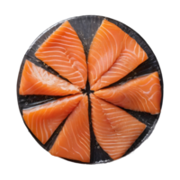 AI generated Segments of smoked salmon separated on a transparent background cut out filaments from prepared fish fillet isolated png