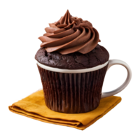 AI generated Chocolate cupcake in a mug placed on a wooden table isolated png