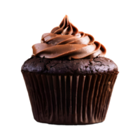 ai generato cioccolato Cupcake nel un' boccale posto su un' di legno tavolo isolato png