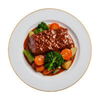 ai généré gourmet restaurant menu avec soumissionner Viande dans sauce et des légumes isolé sur transparent Contexte isolé png