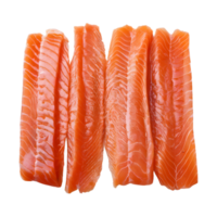 AI generated Segments of smoked salmon separated on a transparent background cut out filaments from prepared fish fillet isolated png