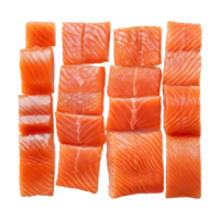 AI generated Segments of smoked salmon separated on a transparent background cut out filaments from prepared fish fillet isolated png