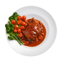 ai généré gourmet restaurant menu avec soumissionner Viande dans sauce et des légumes isolé sur transparent Contexte isolé png