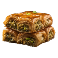 ai generiert Pistazie gefüllt Baklava eingeweicht im Sirup vereinbart worden im ein Reihe auf ein schwarz isoliert Hintergrund ein Dessert zum Ramadan und festlich Anlässe isoliert png