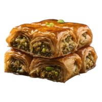 ai generado pistacho lleno baklava mojado en jarabe arreglado en un fila en un negro aislado antecedentes un postre para Ramadán y festivo ocasiones aislado png