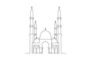 continuo uno línea dibujo kabaah alharam y mezquita concepto. garabatear vector ilustración.