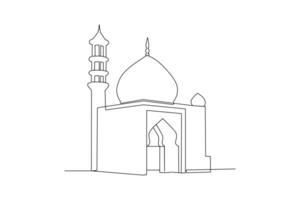 continuo uno línea dibujo kabaah alharam y mezquita concepto. garabatear vector ilustración.