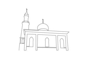 continuo uno línea dibujo kabaah alharam y mezquita concepto. garabatear vector ilustración.