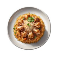 ai généré une Haut vue coup de votre poulet biryani servi dans une parfait blanc assiette pro png