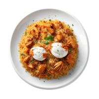 AI generated a top view shot of your Chicken Biryani served in a pristine white plate Pro PNG