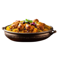 ai généré délicieux poulet biryani dans une Célibataire cadre, magnifiquement présenté dans une plat pro png