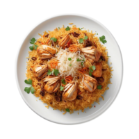 AI generated a top view shot of your Chicken Biryani served in a pristine white plate Pro PNG