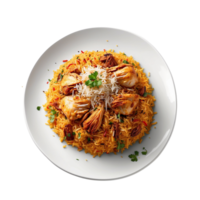 ai généré une Haut vue coup de votre poulet biryani servi dans une parfait blanc assiette pro png