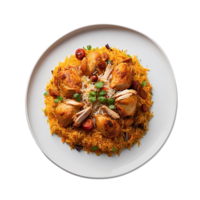 AI generated Top view photograph of your Chicken Biryani presented in a white plate Pro PNG